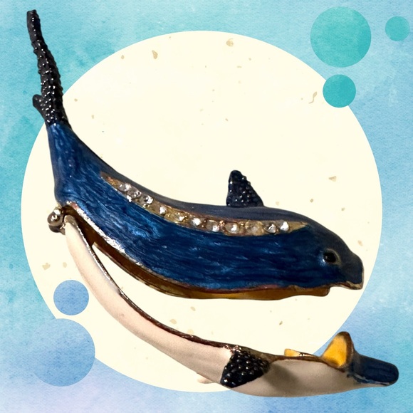 Blue Dolphin Enamel Hinged Magnetic Rhinestone Jewelry Trinket Box 3.5" - Picture 8 of 12